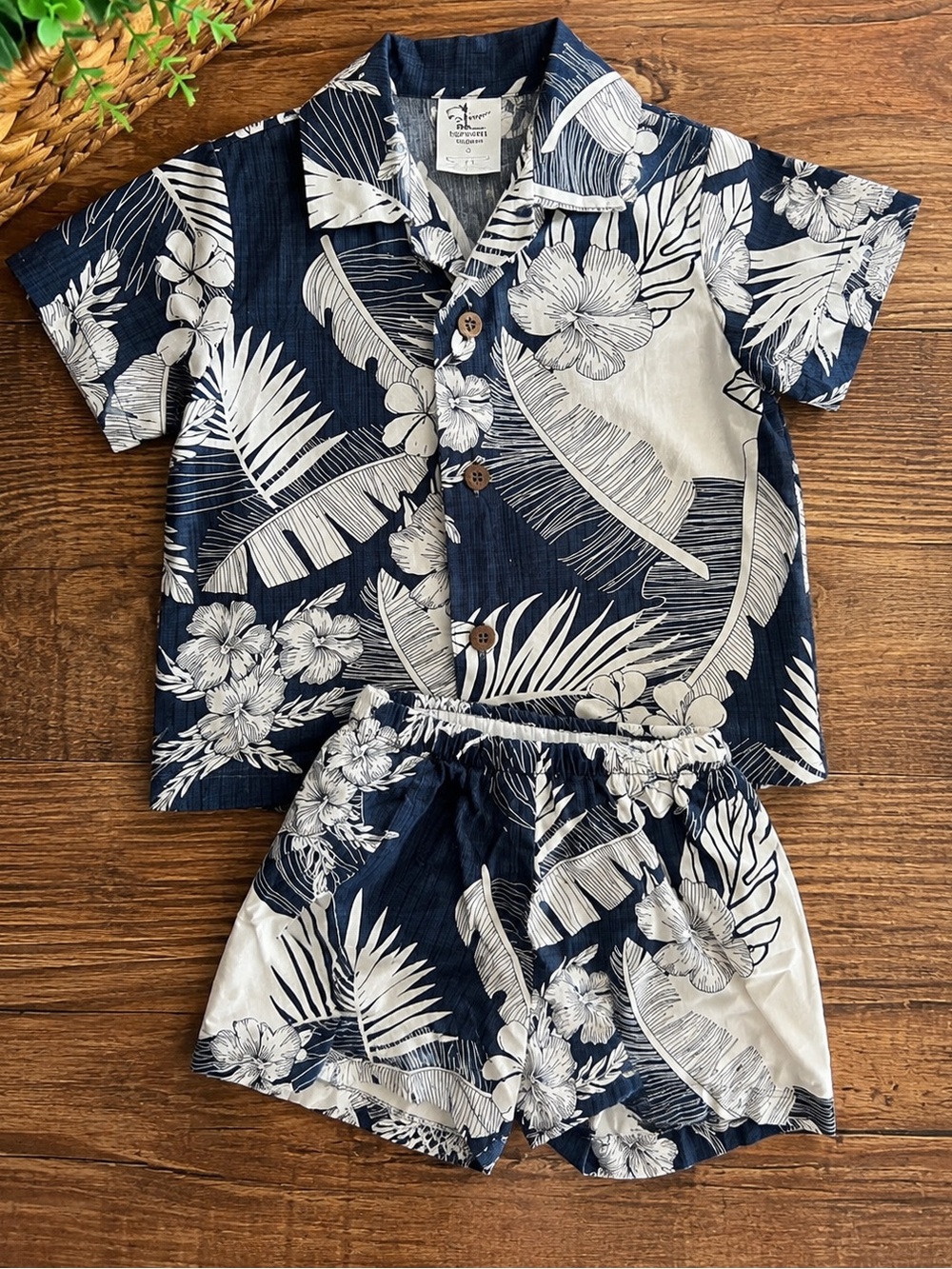 Palmwave Hawaii Toddler 2T Hawaiian Shirt Shorts Set Navy Tropical 100% cotton
